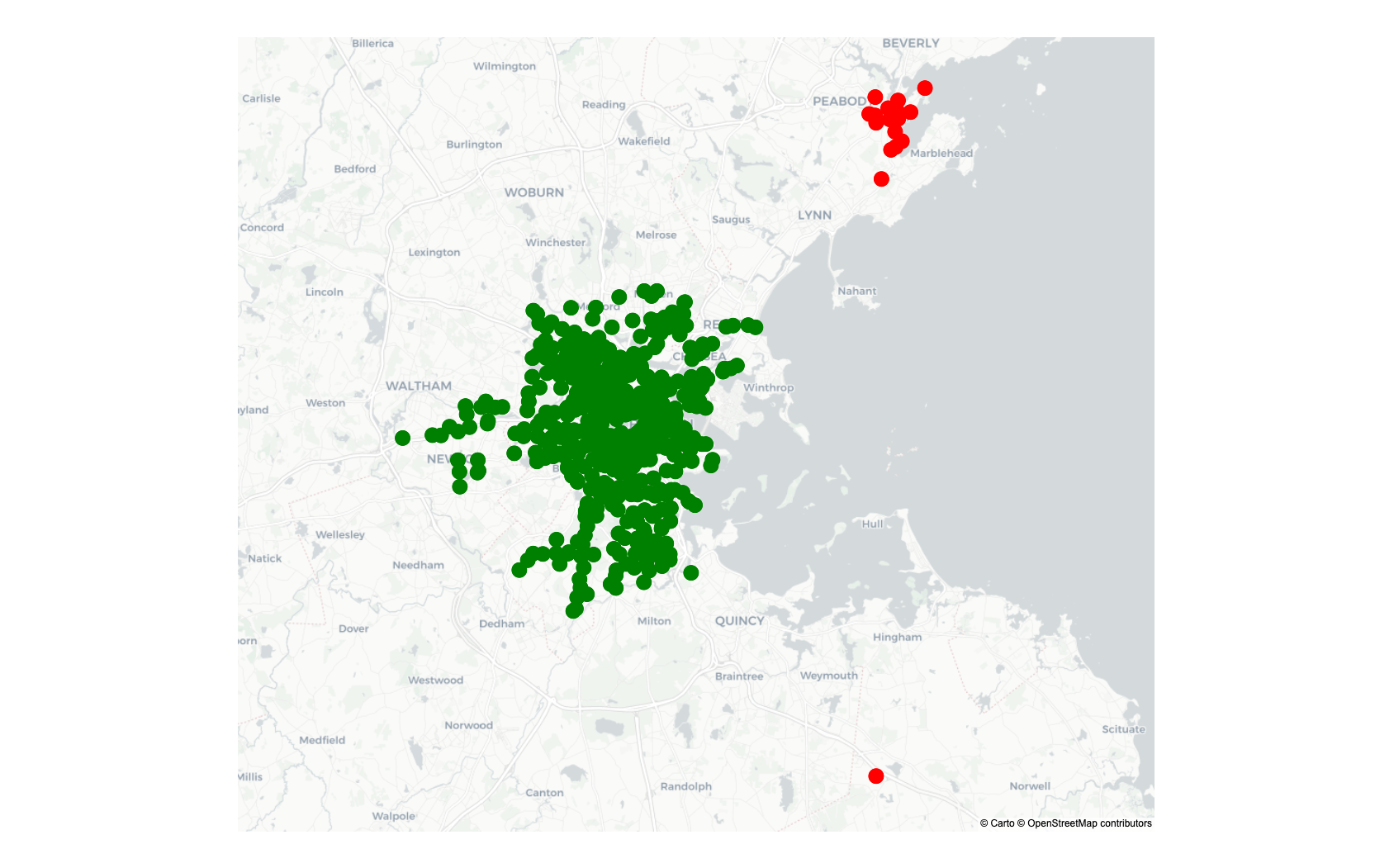 Boston BSS stations included versus excluded in the analysis
